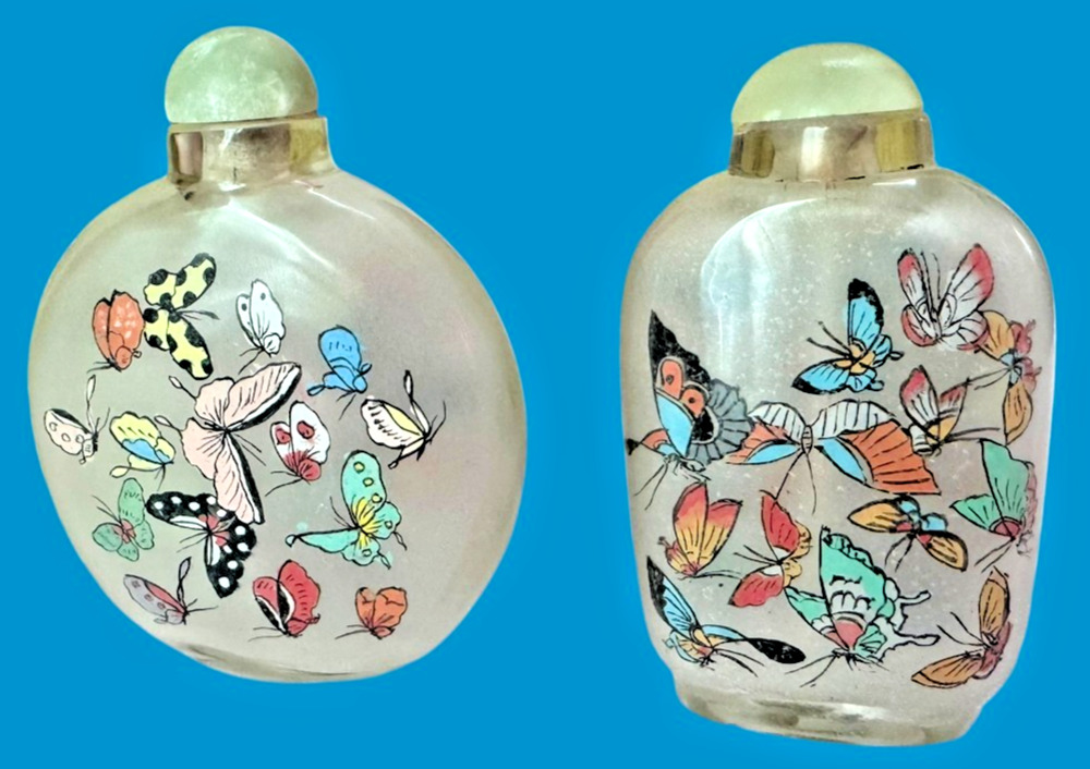 Vintage Chinese Inside Painted Glass Snuff Bottles Butterfly Moth Set of 2 Boxed